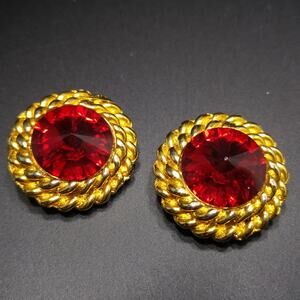 Vintage Red Rivoli Rhinestone Clip Earrings, Gold Plated Rope Design, 1980s
